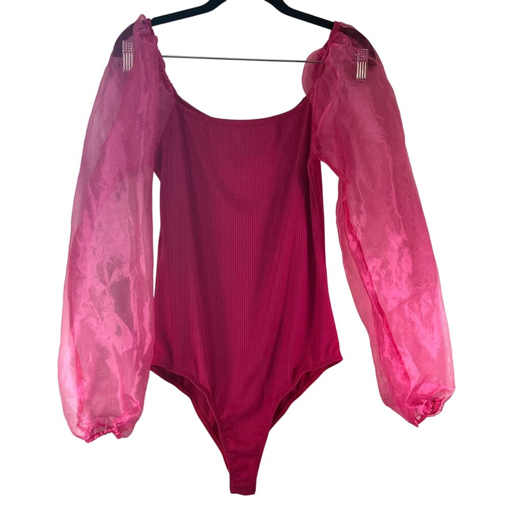 Altar’d State Hot Pink Ribbed Crew Neck Sheer Puff Sleeve Bodysuit Size M